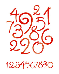 水彩亲手写的橙色数字。矢量水彩