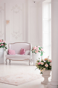 内部的雪白的客厅里，一张老式的沙发和鲜花