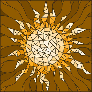 插画风格的彩绘玻璃窗口抽象太阳，棕色的口气，棕褐色
