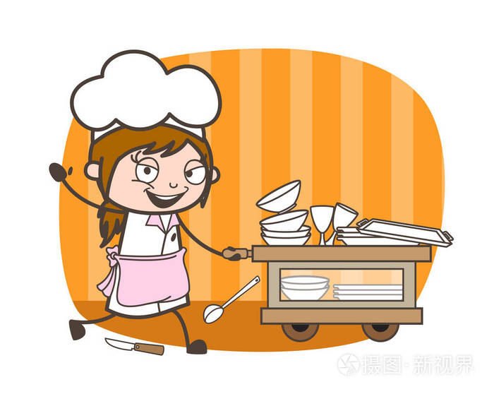 卡通女服务员完成洗碗矢量图
