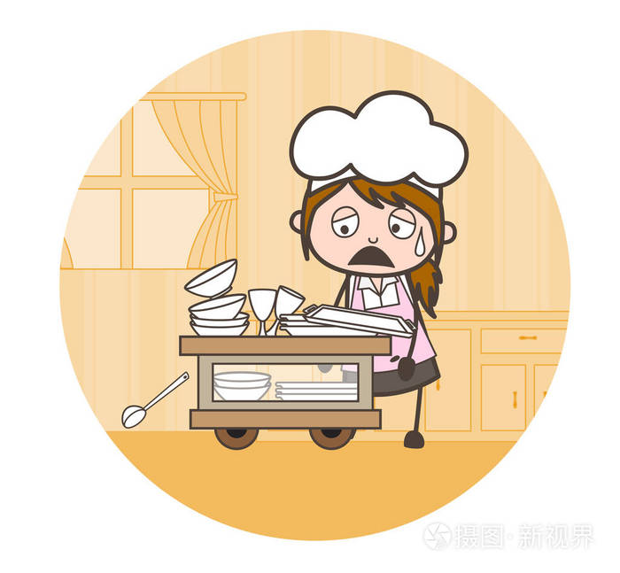 洗碗的矢量图的卡通女服务员心烦