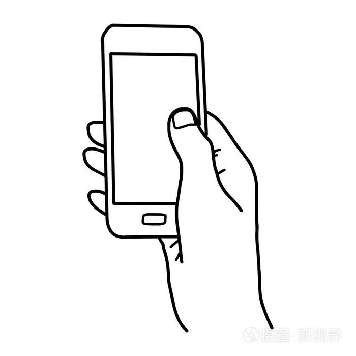 右手握着智能手机与空白空间-矢量图草图手绘与孤立的