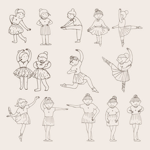 小可爱芭蕾舞女孩画涂鸦风格与各种舞步和情绪