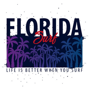 佛罗里达州冲浪图形与棕榈树。T 恤设计和打印