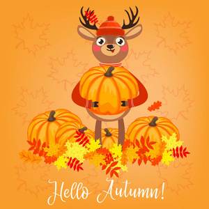你好, 秋季。可爱的明亮的卡片与鹿