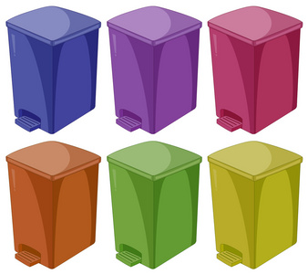 六种不同颜色的垃圾桶照片