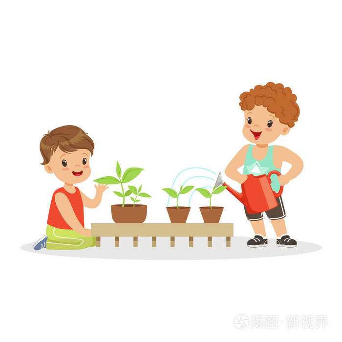 可爱的小男生照顾植物在植物学中幼儿园卡通矢量插图的教训