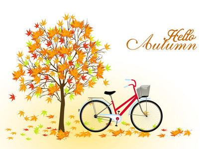 一棵树和一辆自行车的秋天背景。矢量