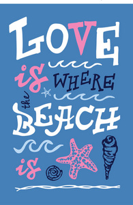 概念海报。手绘涂鸦海插图。爱是海滩在哪里