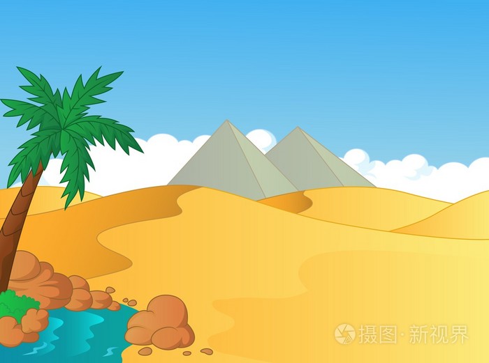 沙漠中的小绿洲的卡通插图