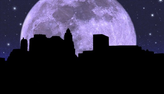 曼哈顿下城剪影在夜晚的星空背景
