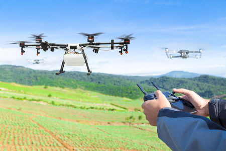 农民控制农业无人机飞到喷肥对生菜字段