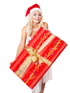 在举行红色礼品盒圣诞老人帽子圣诞女孩