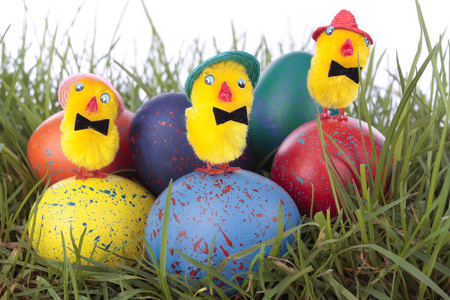 复活节鸡和鸡蛋在草地上
