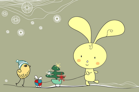 假期圣诞卡片与快乐兔子和鸟 矢量