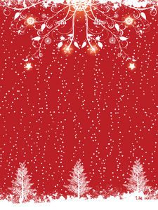 红色冬季蓬勃发展和圣诞树背景
