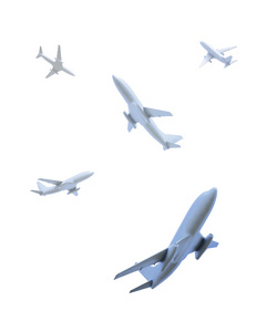 五架飞机在不同的方向飞越查看器
