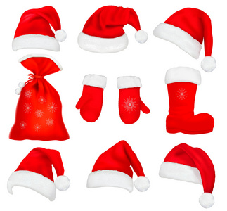 红色的圣诞老人的帽子和衣服的大集。矢量插画