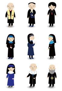 卡通的牧师和修女图标集
