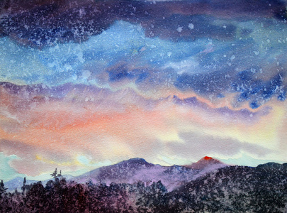 画的水彩画在阿尔泰山的山风景