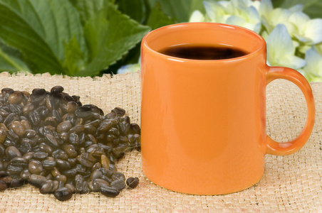 白咖啡杯子与咖啡豆背景