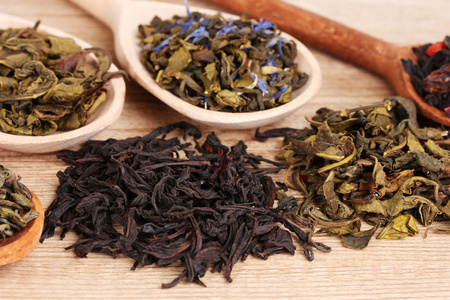 不同种类的干燥的绿茶和红茶中勺子木制背景上