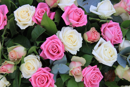 与在白色和粉红色玫瑰插花