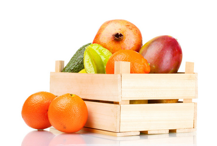 异国情调的水果在木盒上白色隔离的分类