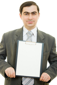 一名商人与纸在白色背景上的白色空白表