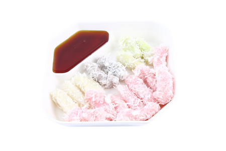泰国彩色面粉椰子奶油冻和甜 dip
