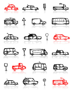 套的汽车草图和交通标志为您的设计