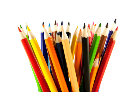 许多彩色的铅笔在垂直位置