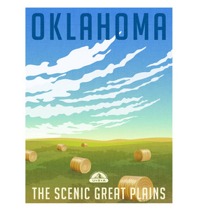 奥克拉荷马 美国复古旅行海报或行李标签。风景名胜领域与圆干草捆矢量图