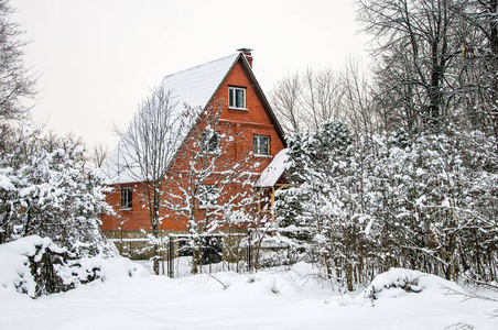舒适的家，在白雪皑皑的森林