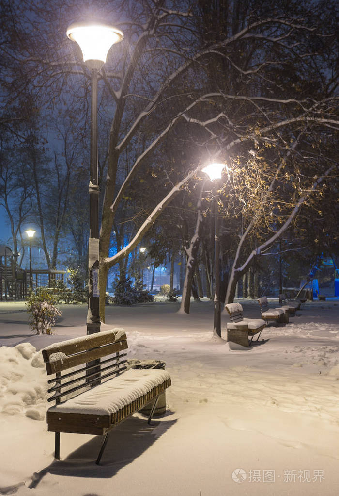 冬天的夜晚景观-长凳下树木和闪闪发光的街道灯飘落的雪花