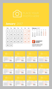 2017 年的日历模板。矢量图。上周一周开始