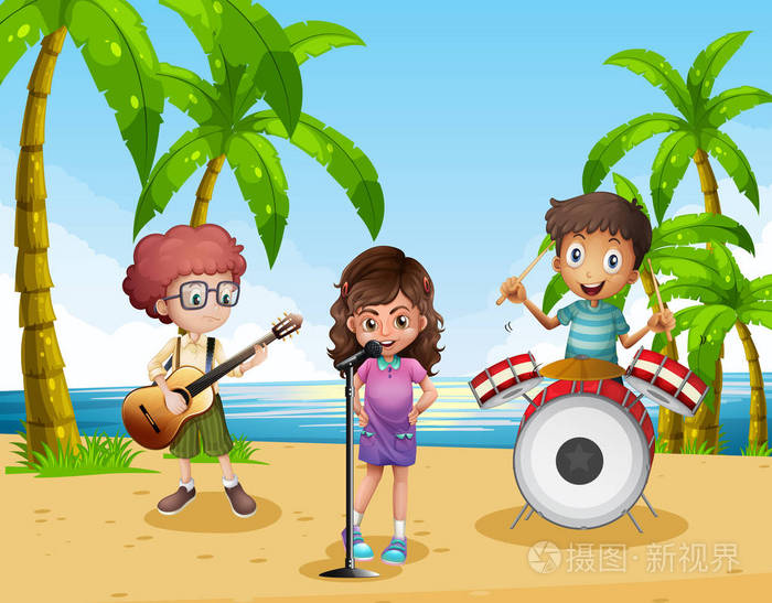 孩子们在海滩上乐队里演奏音乐