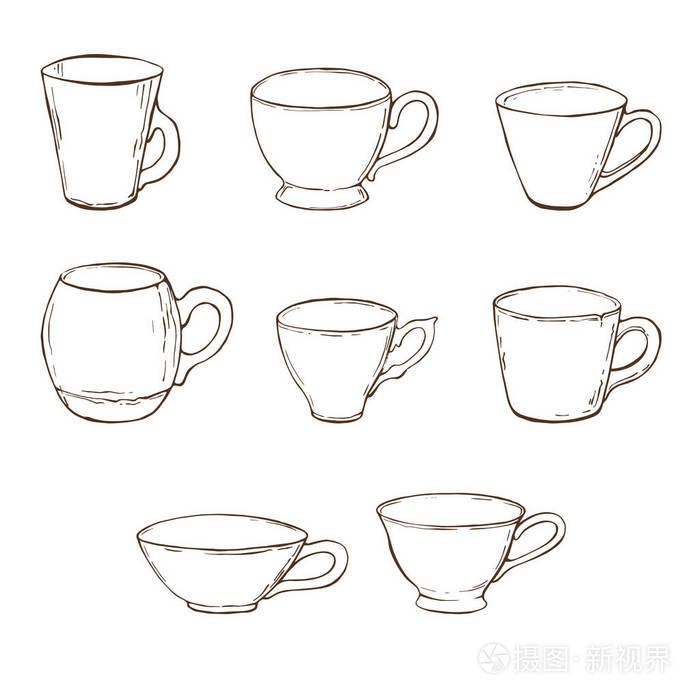 手绘复古套白色背景上的杯子