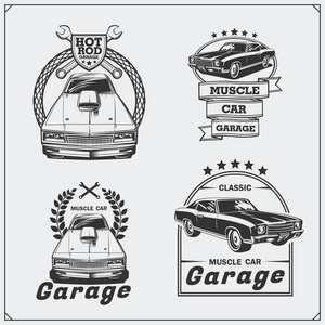 复古肌肉车标签 徽章和设计元素的集合。汽车服务标签