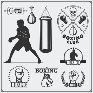 拳击俱乐部标签 标志 徽章 图标和设计元素的集合。复古的风格。单色插图