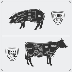 猪肉和牛肉的削减。美国的方法。矢量单色插图。复古风格