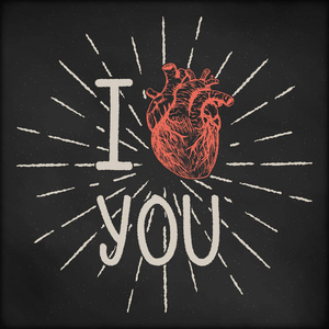 手工绘制的矢量素描图创意复古情人节卡设计，森伯斯特，黑色黑板背景与现实人的心脏。我爱你