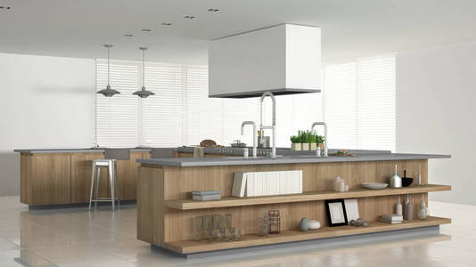 木制和灰色的细节，最小的简约白色的厨房