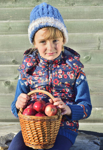 孩子在秋天在农场摘苹果