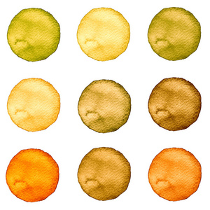 集的咖啡颜色的棕色，水彩手绘圆上白色孤立。艺术设计的插图。圆的污渍 blob
