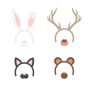 卡通可爱头带与耳朵假日集。兔 鹿 猫 熊。平面设计风格。党的面具矢量图