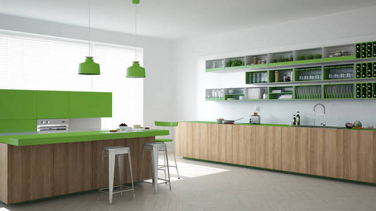 木制和绿色的细节，极小值的斯堪的纳维亚白色厨房
