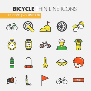 自行车和自行车的细线矢量图标设置与自行车和骑自行车的人