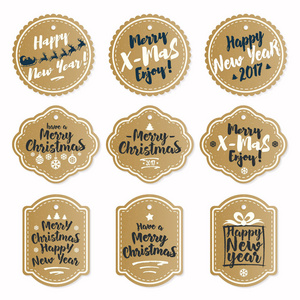 圣诞节标签设置黄金样式组成的礼物 枞树 雪花 星星和圣诞老人驾驶雪橇和白色背景上的鹿