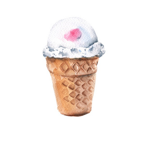华夫格杯冰激淋。白色背景上的孤立。水彩插图